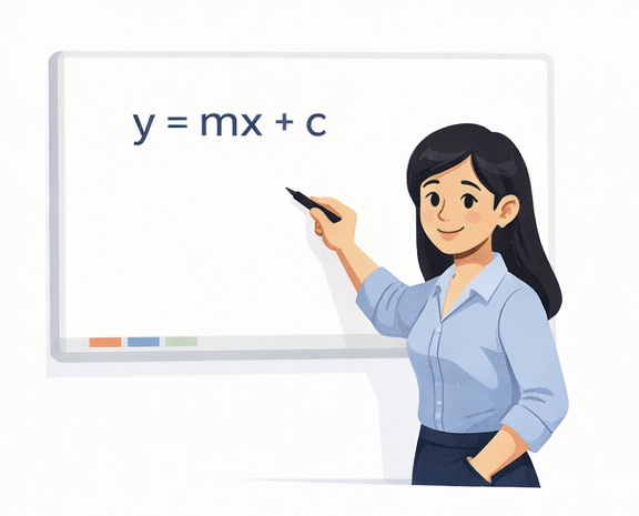 Female teacher at whiteboard with y = mx + c — SBE in-house panel teacher